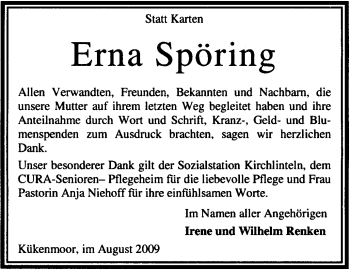 Traueranzeige von Erna Spöring von KREISZEITUNG SYKE