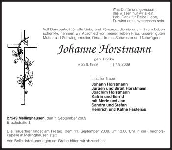 Traueranzeige von Johanne Horstmann von KREISZEITUNG SYKE