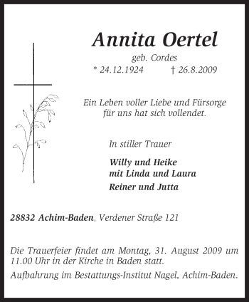 Traueranzeige von Annita Oertel von KREISZEITUNG SYKE