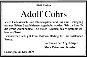 Traueranzeige von Adolf Corhs von KREISZEITUNG SYKE