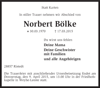 Traueranzeige von Norbert Bölke von KRZ