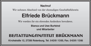 Traueranzeige von Elfriede Brückmann von KREISZEITUNG SYKE