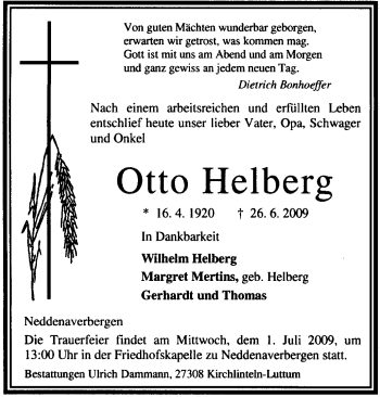 Traueranzeige von Otto Helberg von KREISZEITUNG SYKE