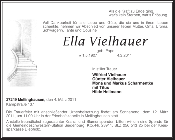 Traueranzeige von Ella Vielhauer von KREISZEITUNG SYKE