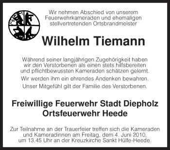 Traueranzeige von Wilhelm Tiemann von KREISZEITUNG SYKE