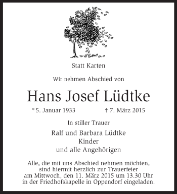 Traueranzeige von Hans Josef Lüdtke von KRZ