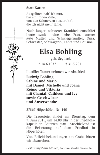 Traueranzeige von Elsa Bohling von KREISZEITUNG SYKE