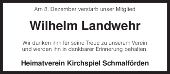 Traueranzeige von Wilhelm Landwehr von KREISZEITUNG SYKE