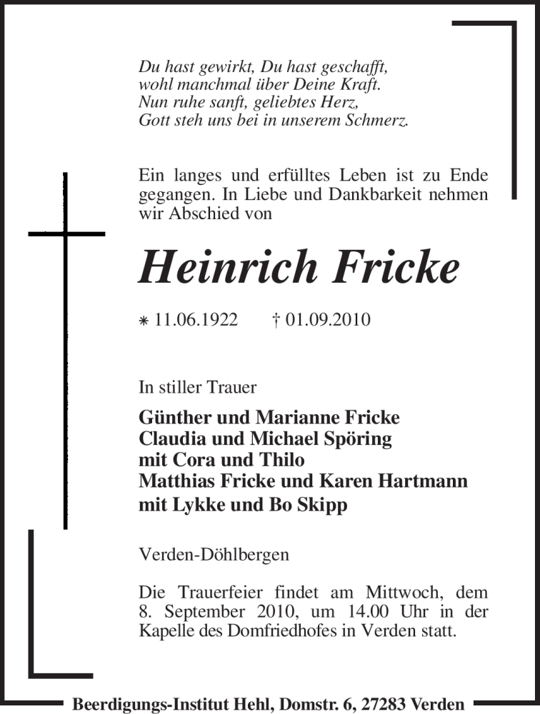  Traueranzeige für Heinrich Fricke vom 03.09.2010 aus KREISZEITUNG SYKE