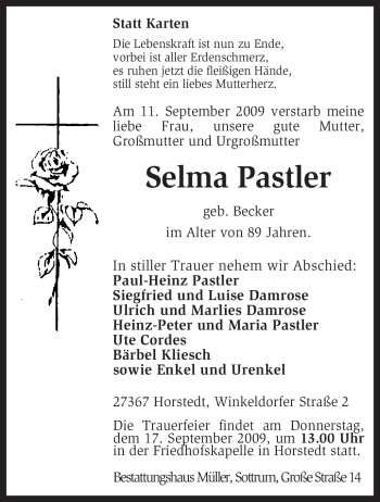 Traueranzeige von Selma Pastler von KREISZEITUNG SYKE