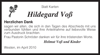 Traueranzeige von Hildegard Voß von KREISZEITUNG SYKE