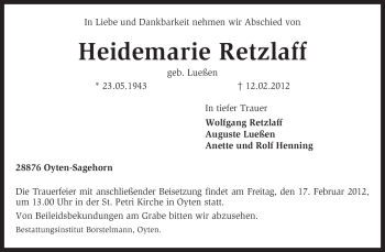 Traueranzeige von Heidemarie Retzlaff von KREISZEITUNG SYKE