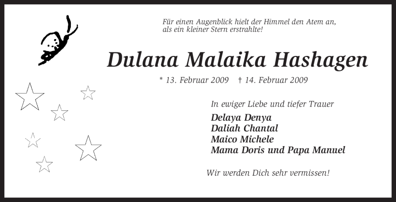  Traueranzeige für Dulana Malaika Hashagen vom 21.02.2009 aus KREISZEITUNG SYKE