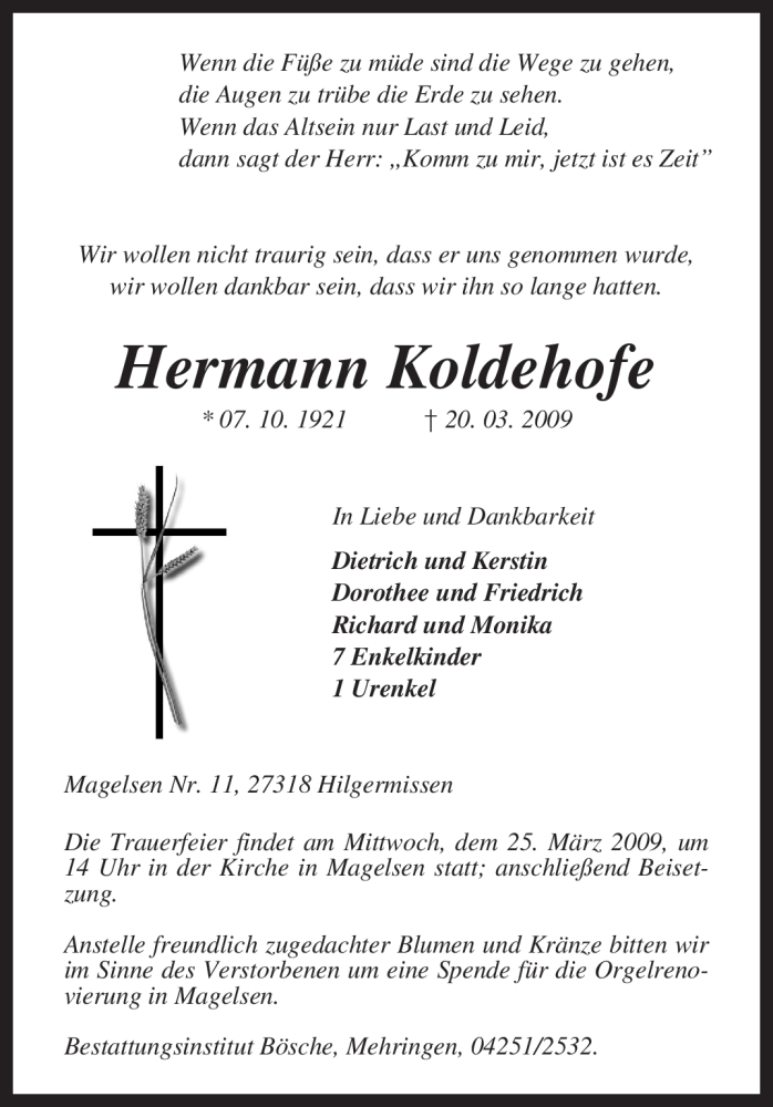  Traueranzeige für Hermann Koldehofe vom 23.03.2009 aus KREISZEITUNG SYKE
