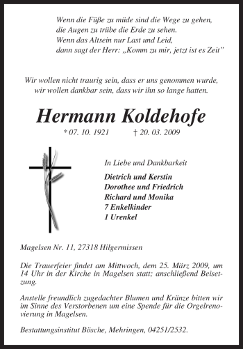 Traueranzeige von Hermann Koldehofe von KREISZEITUNG SYKE