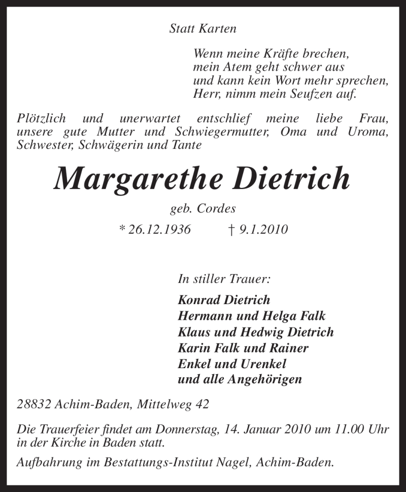  Traueranzeige für Margarethe Dietrich vom 12.01.2010 aus KREISZEITUNG SYKE