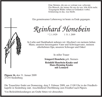 Traueranzeige von Reinhard Honebein von KREISZEITUNG SYKE