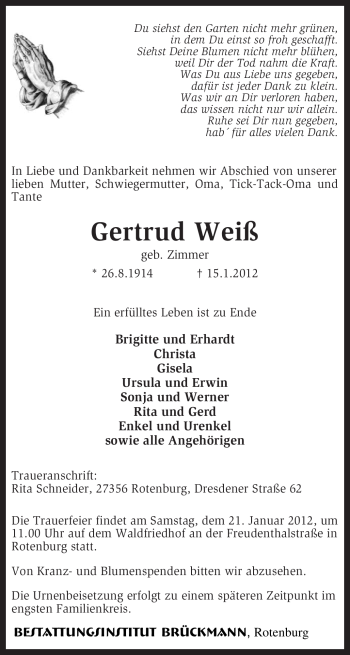 Traueranzeige von Gertrud Weiß von KREISZEITUNG SYKE