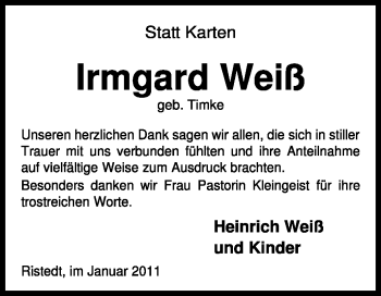 Traueranzeige von Irmgard Weiß von KREISZEITUNG SYKE