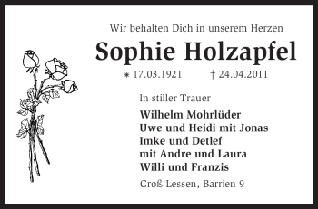 Traueranzeige von Sophie Holzapfel von KREISZEITUNG SYKE