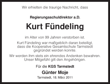 Traueranzeige von Kurt Fündeling von KREISZEITUNG SYKE