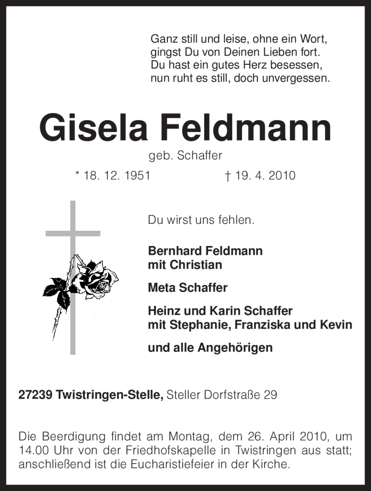  Traueranzeige für Gisela Feldmann vom 22.04.2010 aus KREISZEITUNG SYKE