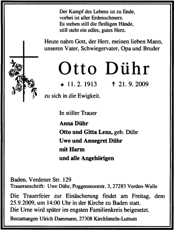 Traueranzeige von Otto Dühr von KREISZEITUNG SYKE