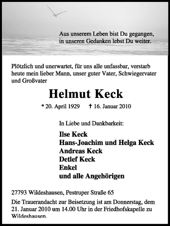 Traueranzeige von Helmut Keck von KREISZEITUNG SYKE