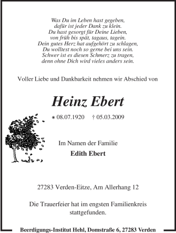 Traueranzeige von Heinz Ebert von KREISZEITUNG SYKE