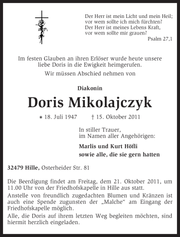 Traueranzeige von Doris Mikolajczyk von KREISZEITUNG SYKE