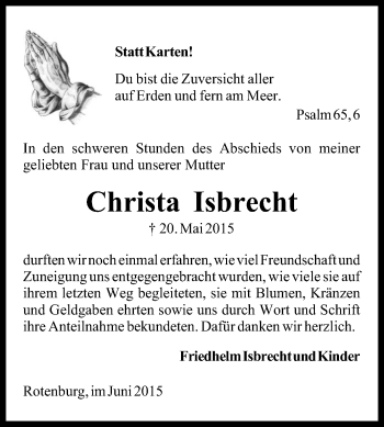 Traueranzeige von Christa Isbrecht von KRZ