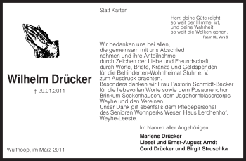 Traueranzeige von Wilhelm Drücker von KREISZEITUNG SYKE