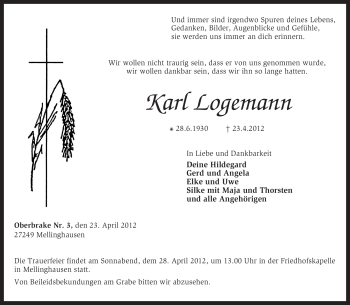 Traueranzeige von Karl Logemann von KREISZEITUNG SYKE