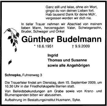 Traueranzeige von Günther Budelmann von KREISZEITUNG SYKE