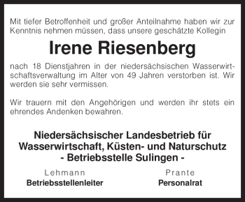 Traueranzeige von Irene Riesenberg von KREISZEITUNG SYKE