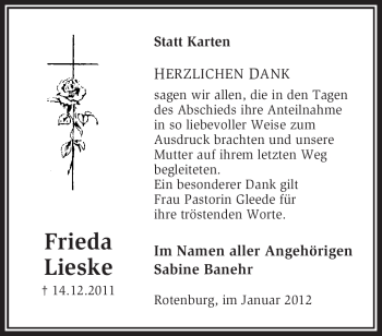 Traueranzeige von Frieda Lieske von KREISZEITUNG SYKE