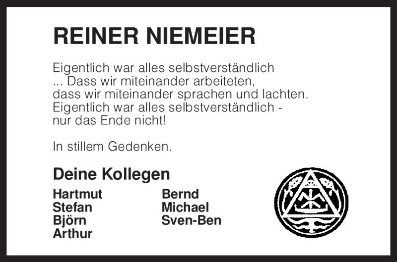  Traueranzeige für Reiner Niemeier vom 31.01.2011 aus KREISZEITUNG SYKE