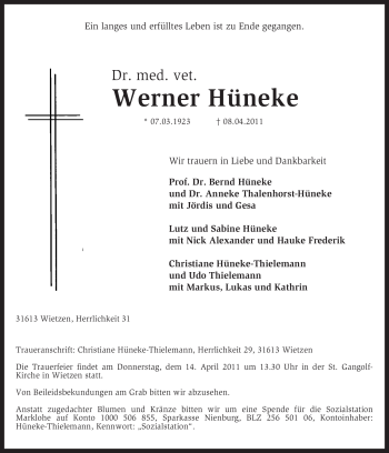 Traueranzeige von Werner Hüneke von KREISZEITUNG SYKE