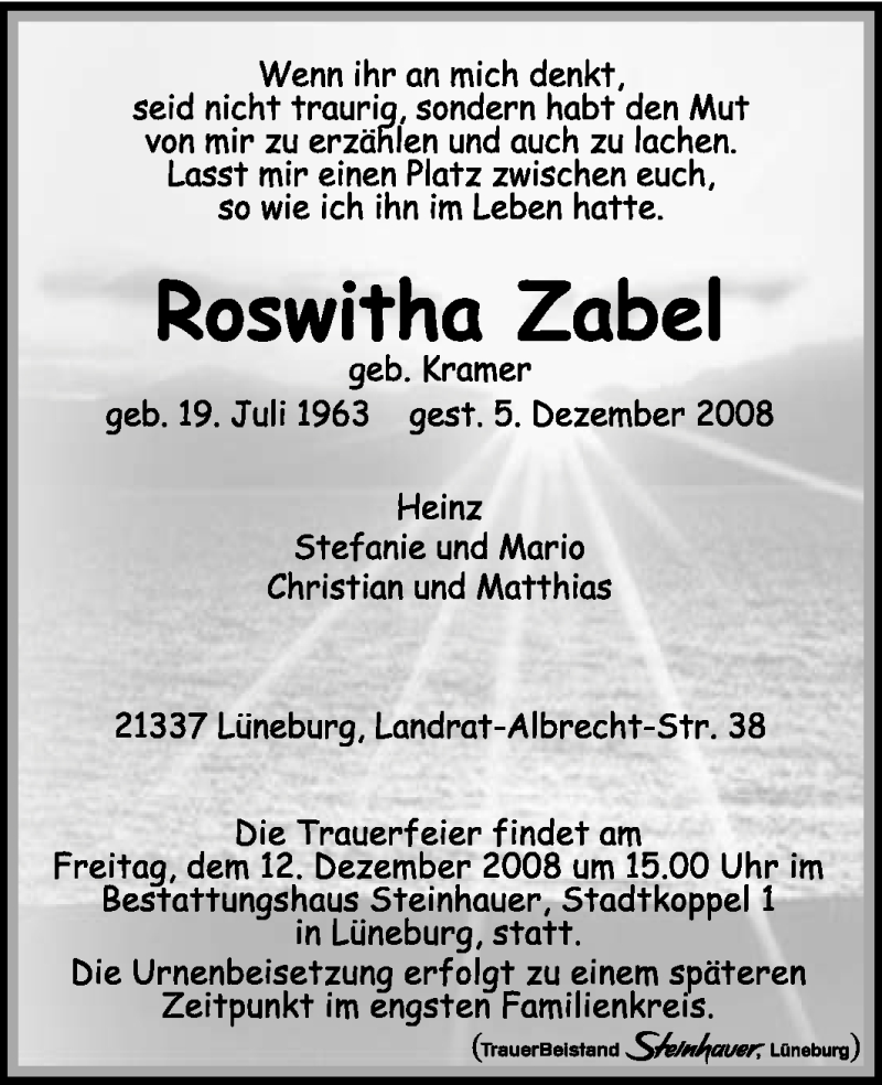  Traueranzeige für Roswitha Zabel vom 09.12.2008 aus KREISZEITUNG SYKE
