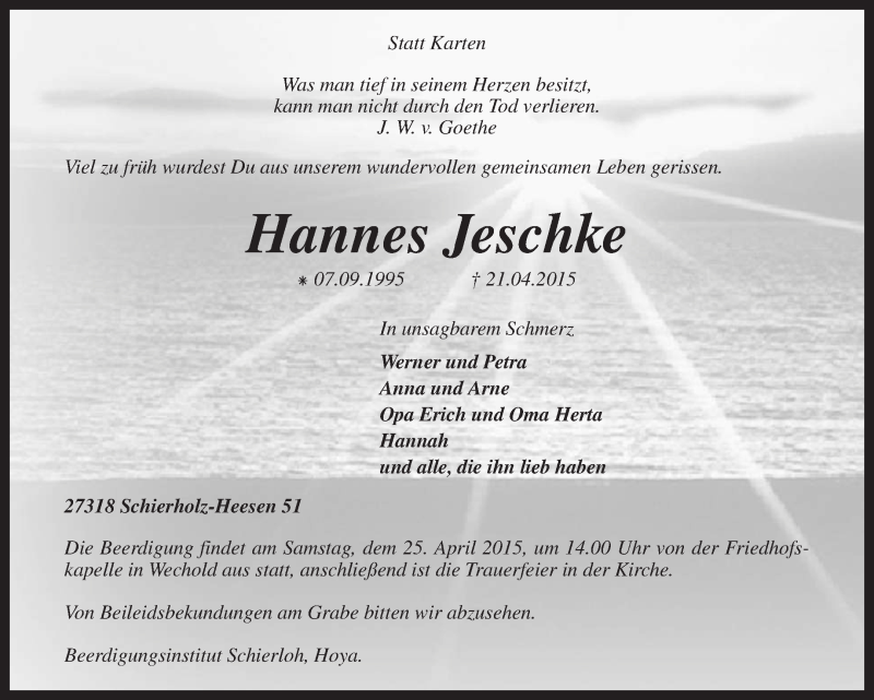  Traueranzeige für Hannes Jeschke vom 23.04.2015 aus KRZ