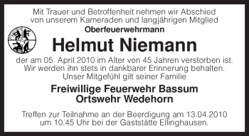 Traueranzeige von Helmut Niemann von KREISZEITUNG SYKE