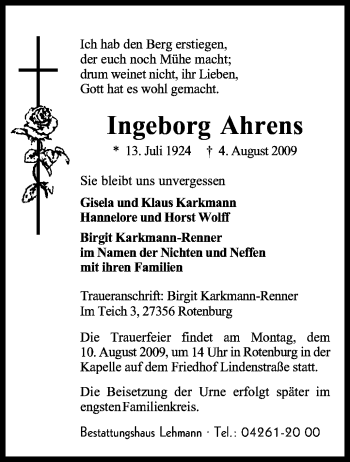 Traueranzeige von Ingeborg Ahrens von KREISZEITUNG SYKE