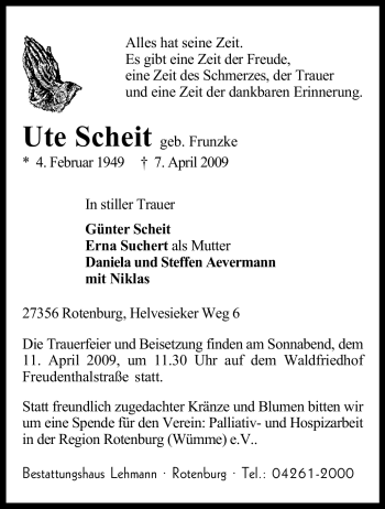Traueranzeige von Ute Scheit von KREISZEITUNG SYKE