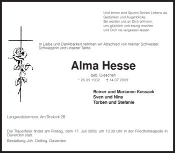 Traueranzeige von Alma Hesse von KREISZEITUNG SYKE