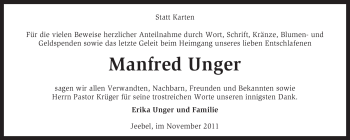 Traueranzeige von Manfred Unger von KREISZEITUNG SYKE