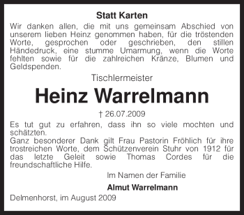 Traueranzeige von Heinz Warrelmann von KREISZEITUNG SYKE