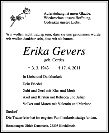 Traueranzeige von Erika Gevers von KREISZEITUNG SYKE