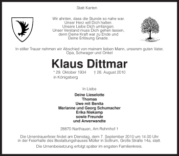 Traueranzeige von Klaus Dittmar von KREISZEITUNG SYKE