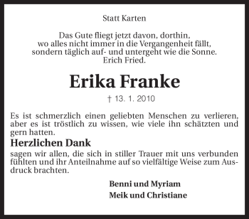 Traueranzeige von Erika Franke von KREISZEITUNG SYKE