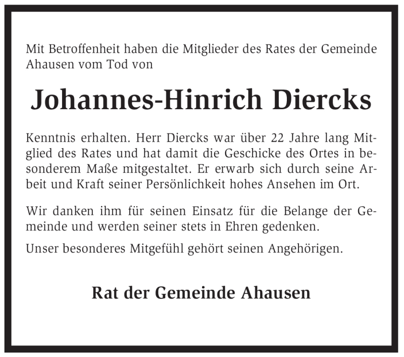  Traueranzeige für Johannes-Hinrich Diercks vom 29.05.2012 aus KREISZEITUNG SYKE